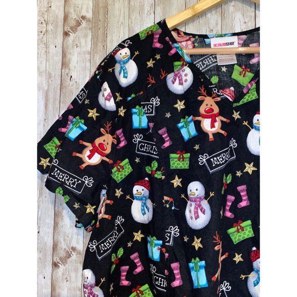 Scrubstar Top Womens 3X Black Merry Christmas Snowman Medical Nurse Uniform Top - Picture 4 of 9